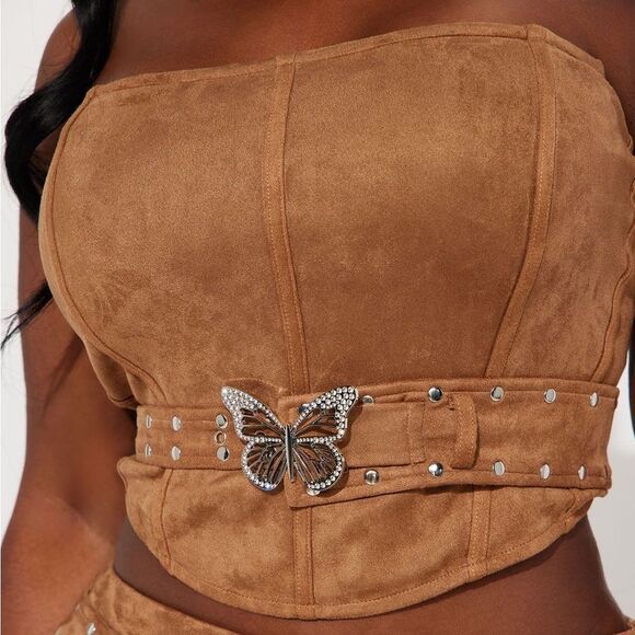 Butterfly Fantasy Faux Suede TOP - Camel - Picture 1 of 4